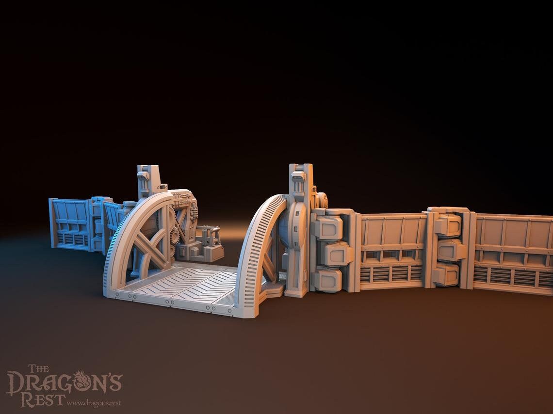 Sci-Fi Defense Gate and Wall Modular Terrain 28mm | 32mm | Dungeons and Dragons | DnD | Starfinder | SW Legion | Wargaming