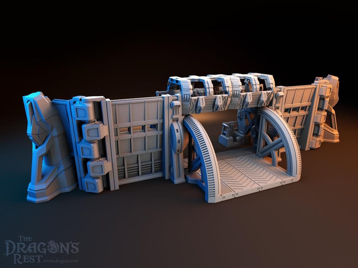 Sci-Fi Defense Gate and Wall Modular Terrain 28mm | 32mm | Dungeons and Dragons | DnD | Starfinder | SW Legion | Wargaming