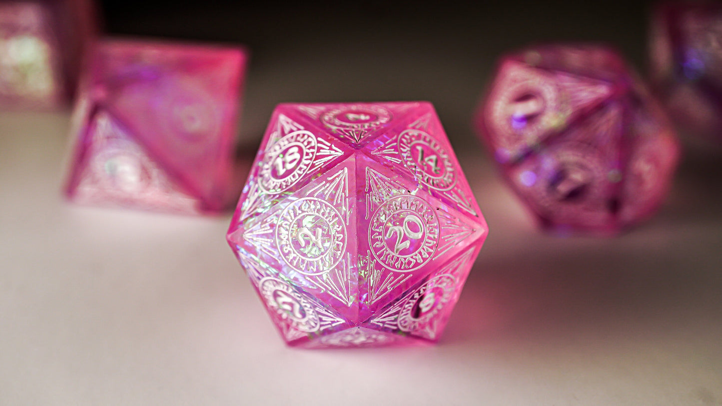 DnD Dice Set, Pink Ancient Rune, Sharp Resin dice for Role Playing games, Dungeons and Dragons, MTG Dice, Resin Sharp Edge Dice, GM gift