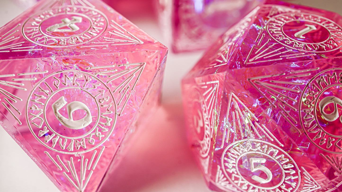 DnD Dice Set, Pink Ancient Rune, Sharp Resin dice for Role Playing games, Dungeons and Dragons, MTG Dice, Resin Sharp Edge Dice, GM gift