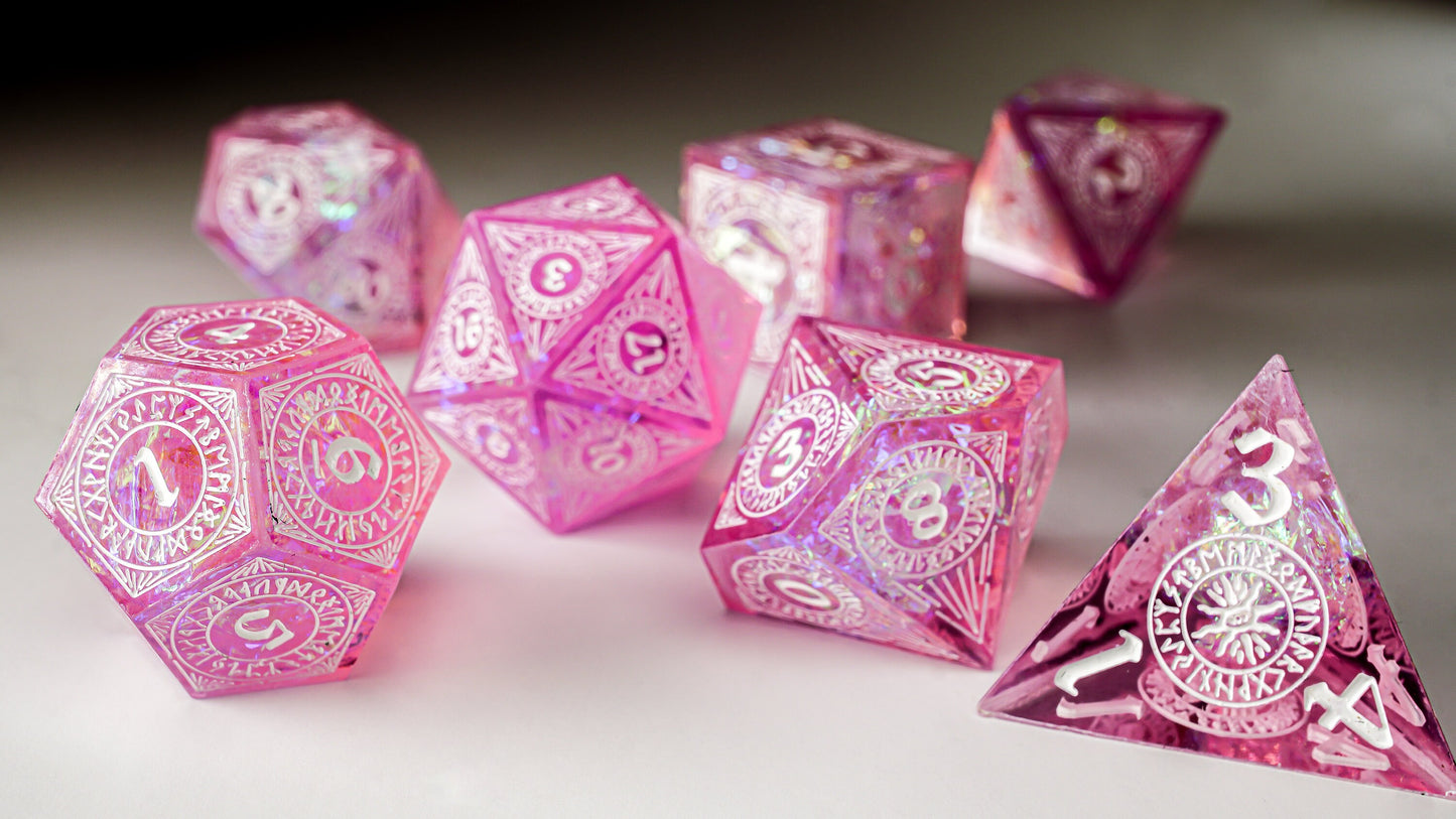 DnD Dice Set, Pink Ancient Rune, Sharp Resin dice for Role Playing games, Dungeons and Dragons, MTG Dice, Resin Sharp Edge Dice, GM gift