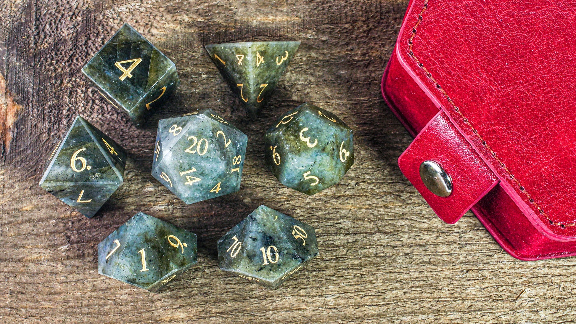Pure Labradorite Gemstone Dice Full Set, DnD Dice Set for Dungeons and Dragons, MTG D20, Engraved, Wedding Favors, GM Gift, Christmas Gift
