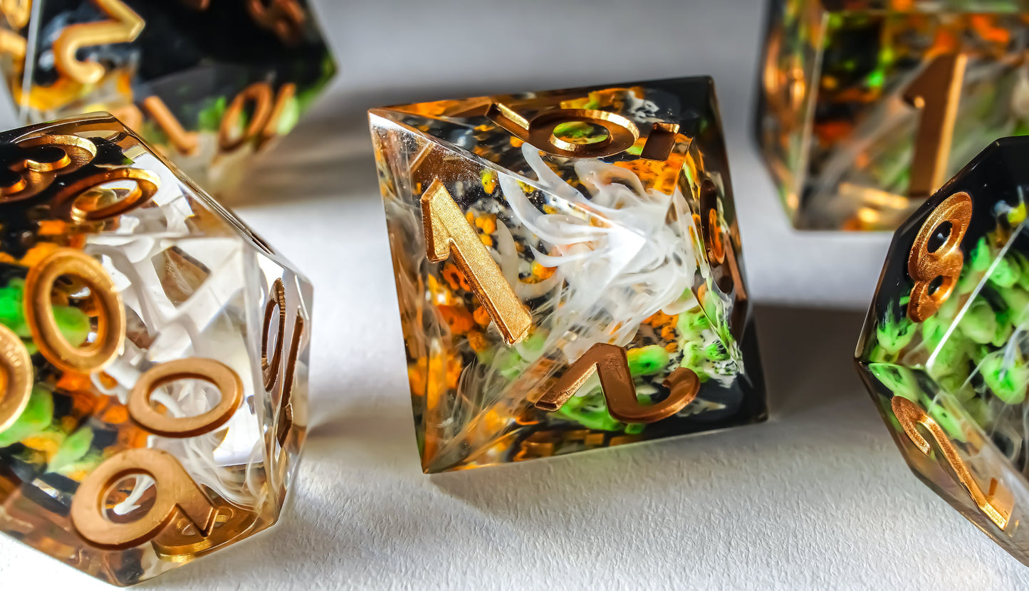DnD Dice Set, Glow in the Dark, Sharp Resin dice for Role Playing games, Dungeons and Dragons, MTG Dice, Resin Sharp Edge Dice, GM gift
