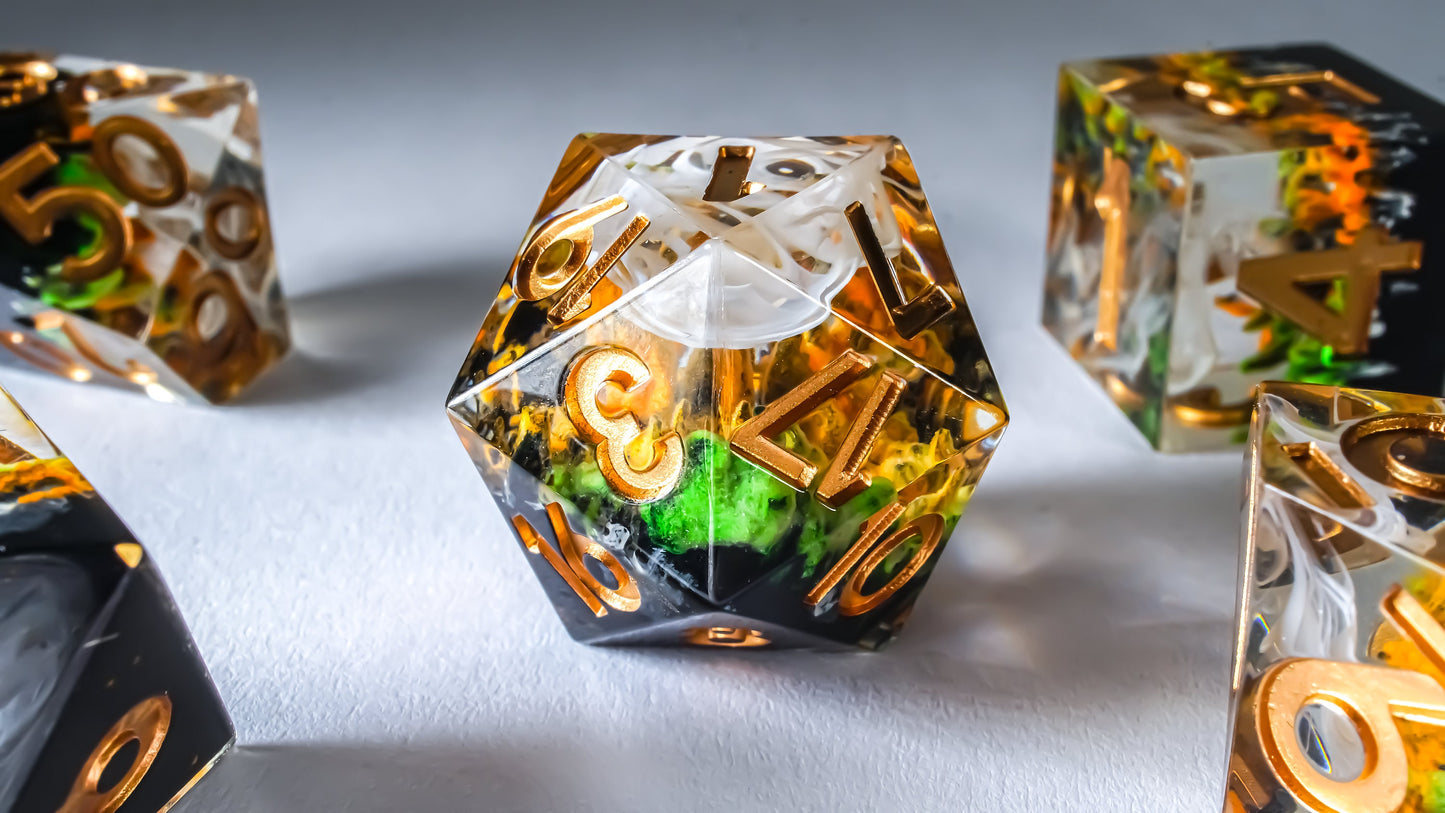 DnD Dice Set, Glow in the Dark, Sharp Resin dice for Role Playing games, Dungeons and Dragons, MTG Dice, Resin Sharp Edge Dice, GM gift
