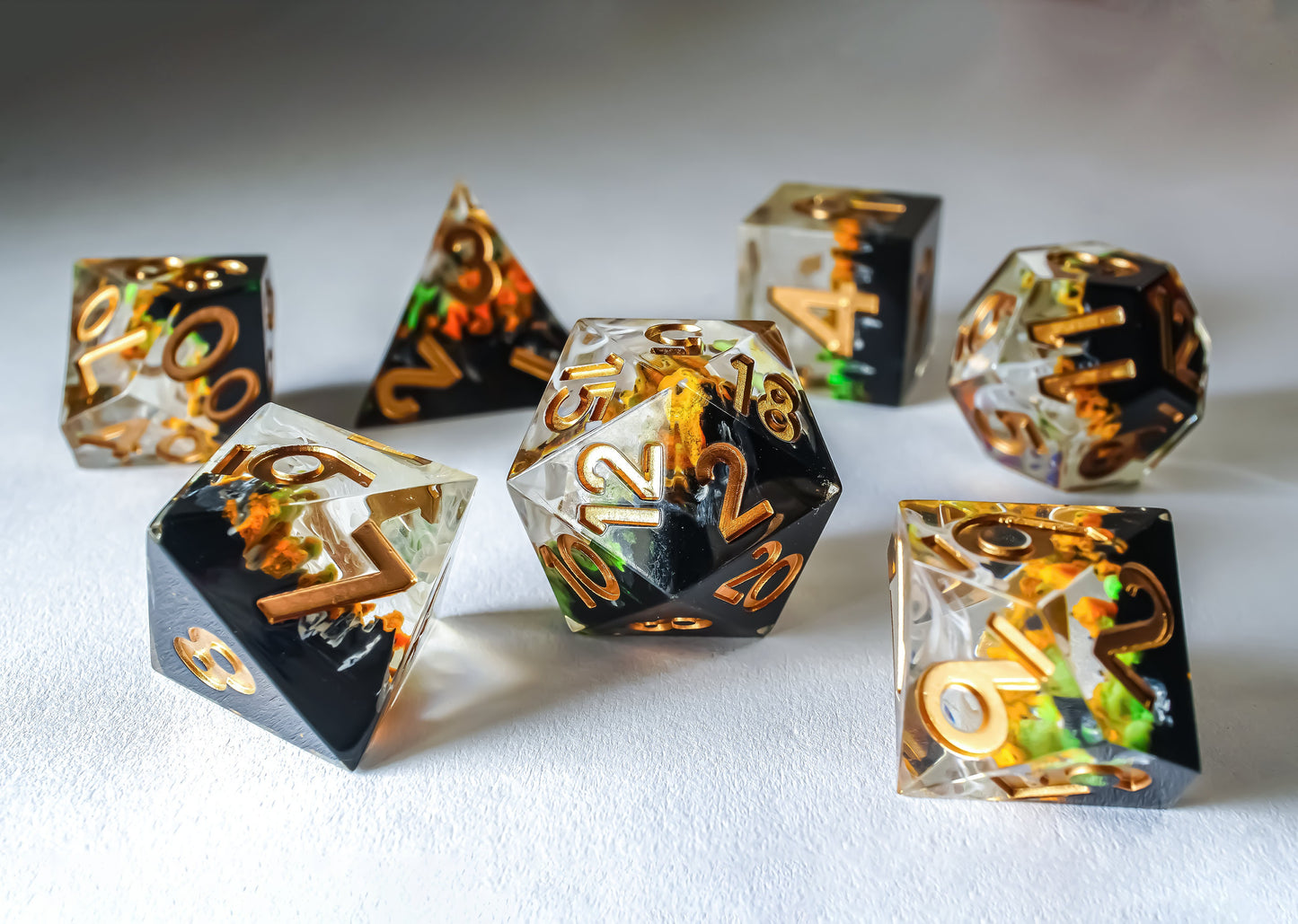 DnD Dice Set, Glow in the Dark, Sharp Resin dice for Role Playing games, Dungeons and Dragons, MTG Dice, Resin Sharp Edge Dice, GM gift