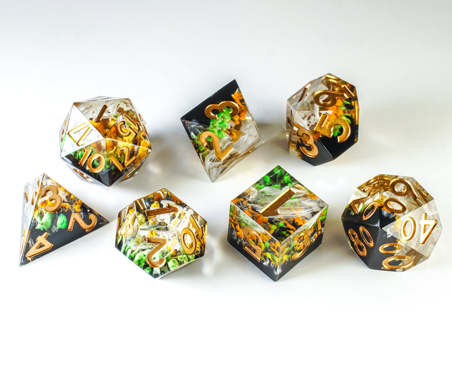 DnD Dice Set, Glow in the Dark, Sharp Resin dice for Role Playing games, Dungeons and Dragons, MTG Dice, Resin Sharp Edge Dice, GM gift