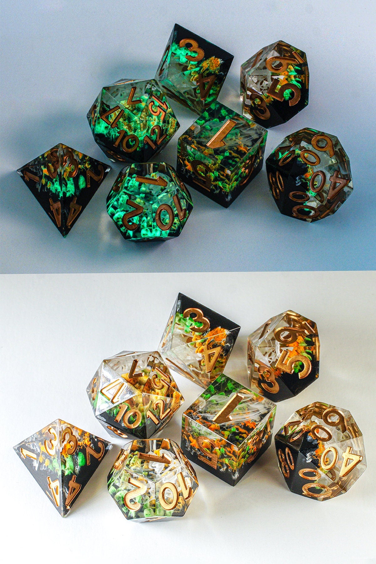 DnD Dice Set, Glow in the Dark, Sharp Resin dice for Role Playing games, Dungeons and Dragons, MTG Dice, Resin Sharp Edge Dice, GM gift