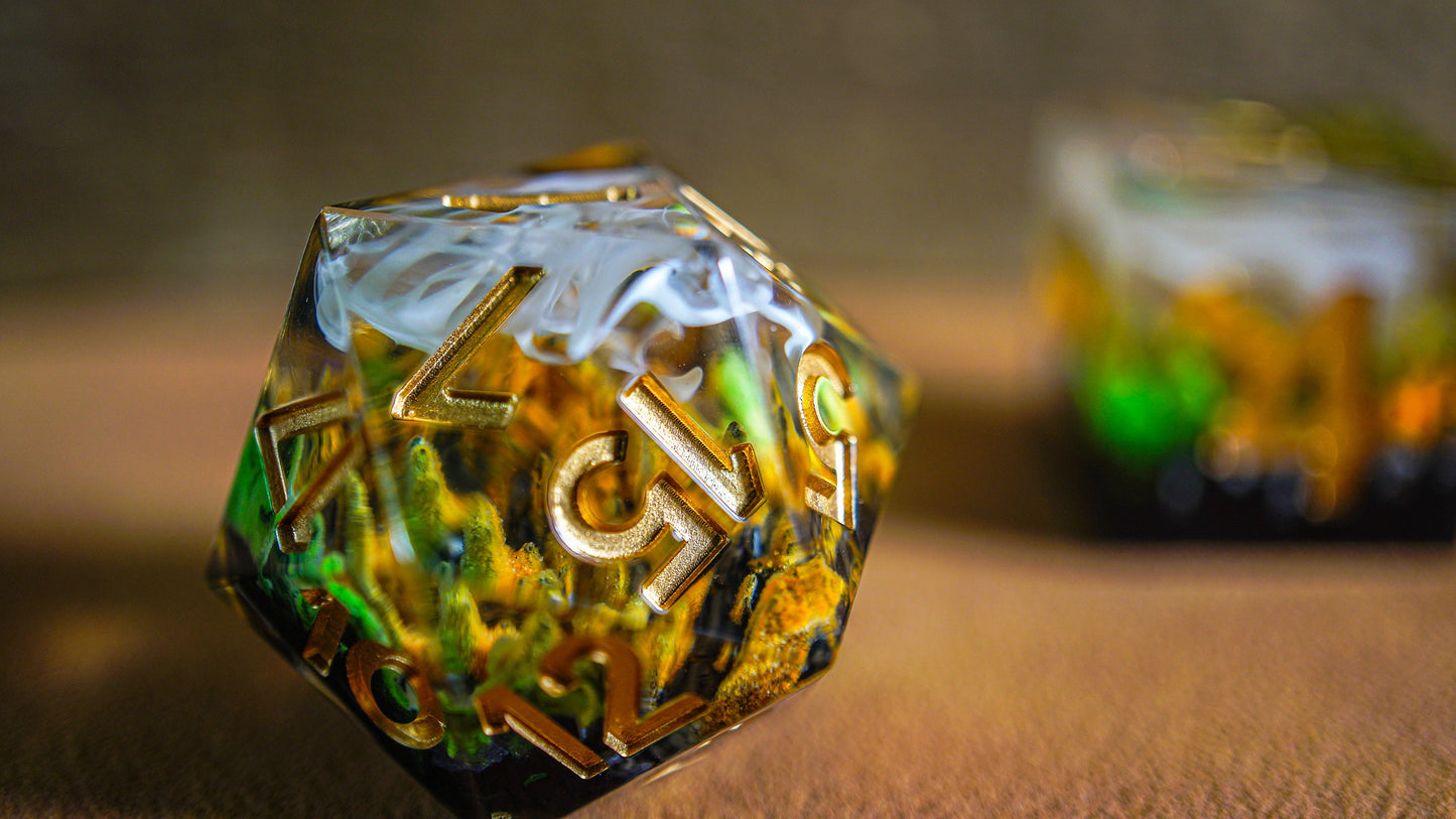 DnD Dice Set, Glow in the Dark, Sharp Resin dice for Role Playing games, Dungeons and Dragons, MTG Dice, Resin Sharp Edge Dice, GM gift