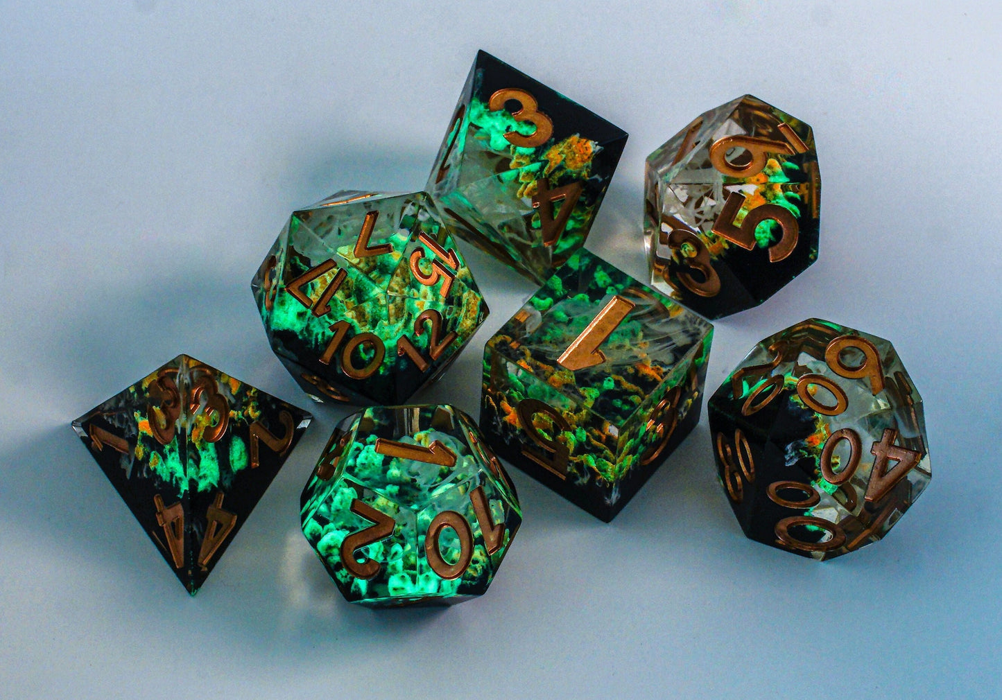 DnD Dice Set, Glow in the Dark, Sharp Resin dice for Role Playing games, Dungeons and Dragons, MTG Dice, Resin Sharp Edge Dice, GM gift