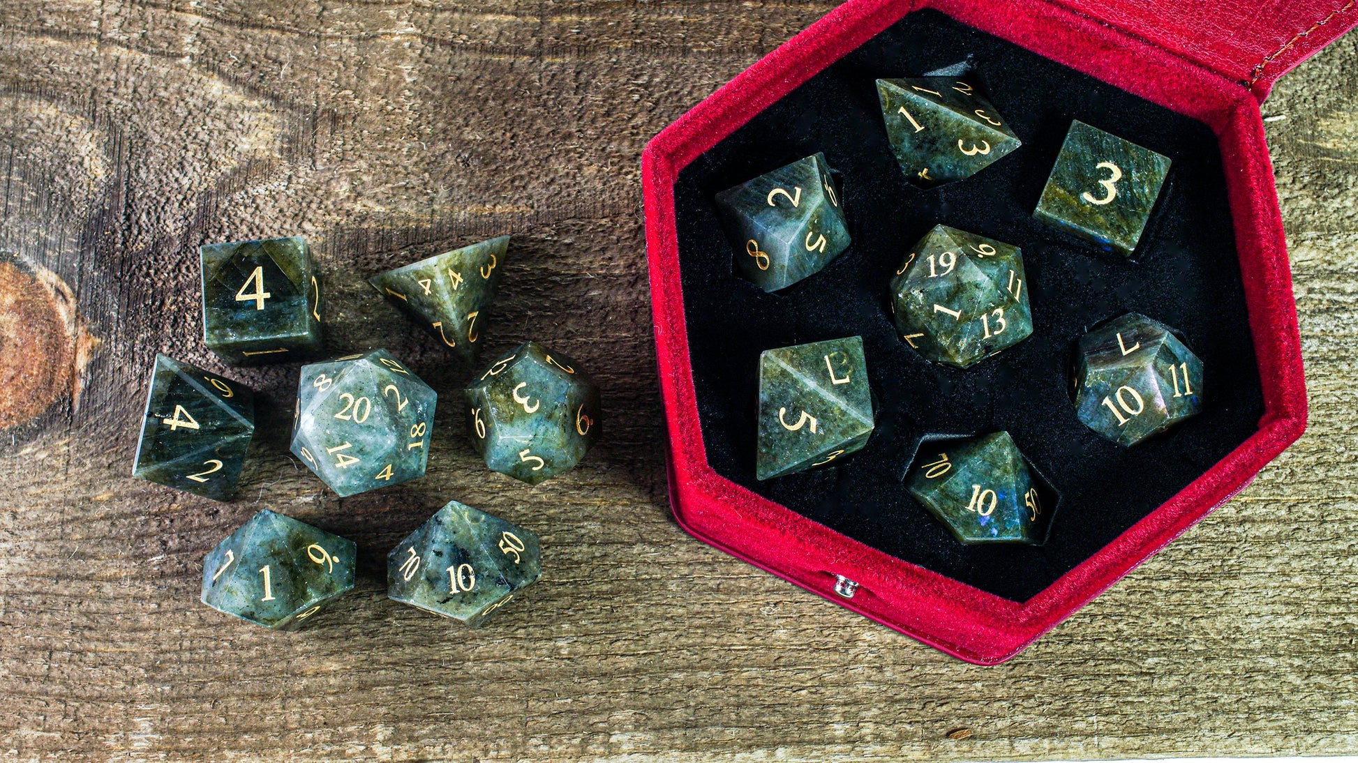 Pure Labradorite Gemstone Dice Full Set, DnD Dice Set for Dungeons and Dragons, MTG D20, Engraved, Wedding Favors, GM Gift, Christmas Gift