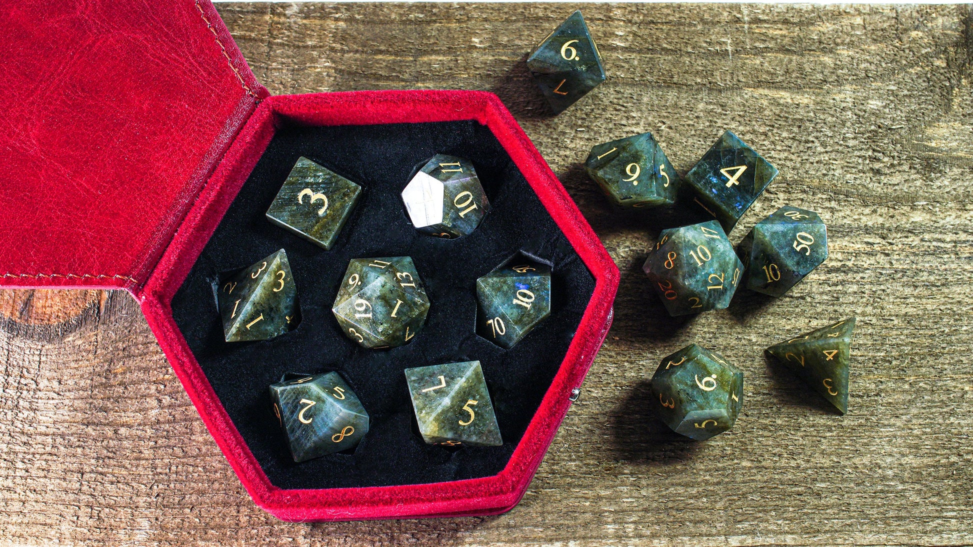 Pure Labradorite Gemstone Dice Full Set, DnD Dice Set for Dungeons and Dragons, MTG D20, Engraved, Wedding Favors, GM Gift, Christmas Gift