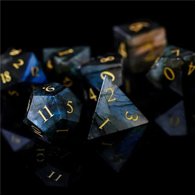 Pure Labradorite Gemstone Dice Full Set, DnD Dice Set for Dungeons and Dragons, MTG D20, Engraved, Wedding Favors, GM Gift, Christmas Gift