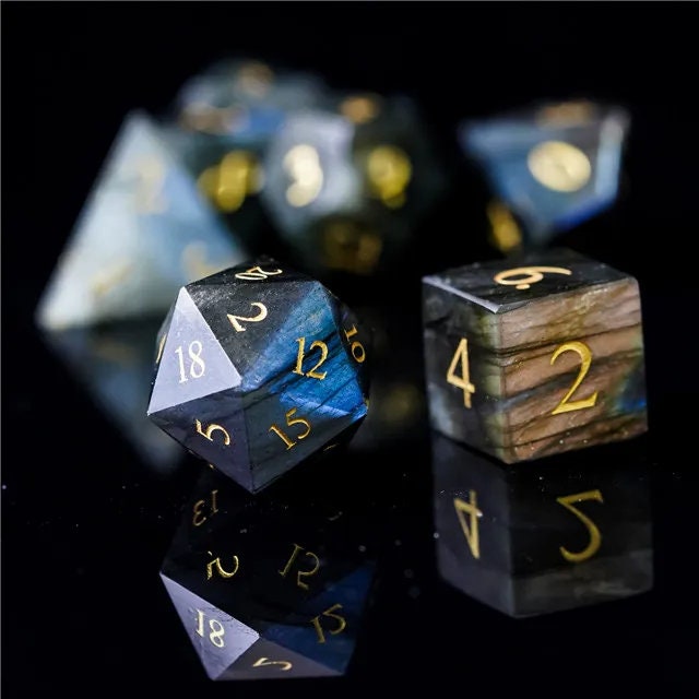 Pure Labradorite Gemstone Dice Full Set, DnD Dice Set for Dungeons and Dragons, MTG D20, Engraved, Wedding Favors, GM Gift, Christmas Gift