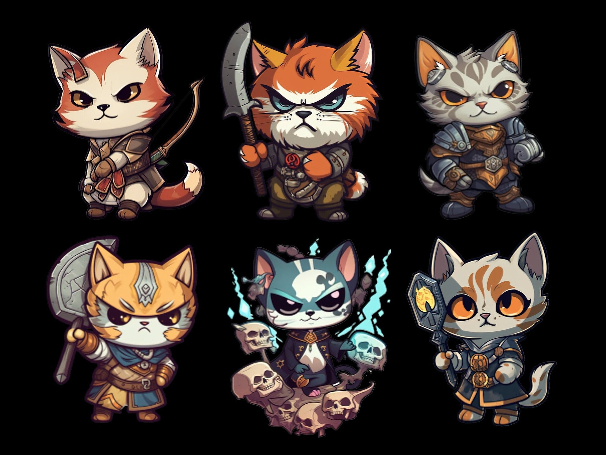 Cute Fantasy Chibi Cats Fantasy RPG, Nerdy, Geek, Clipart kittens, Kitty icons, Pet illustrations, Cat printable stickers, Planner supplies