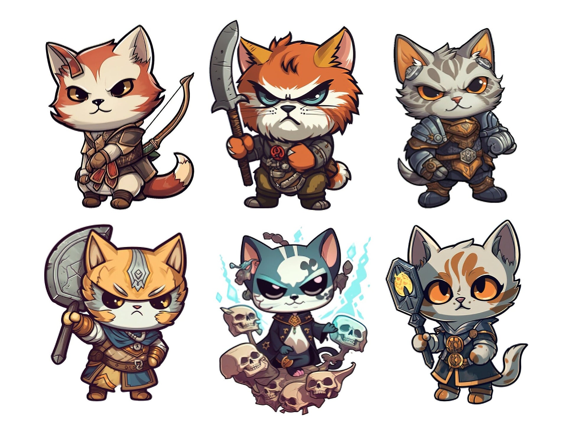 Cute Fantasy Chibi Cats Fantasy RPG, Nerdy, Geek, Clipart kittens, Kitty icons, Pet illustrations, Cat printable stickers, Planner supplies