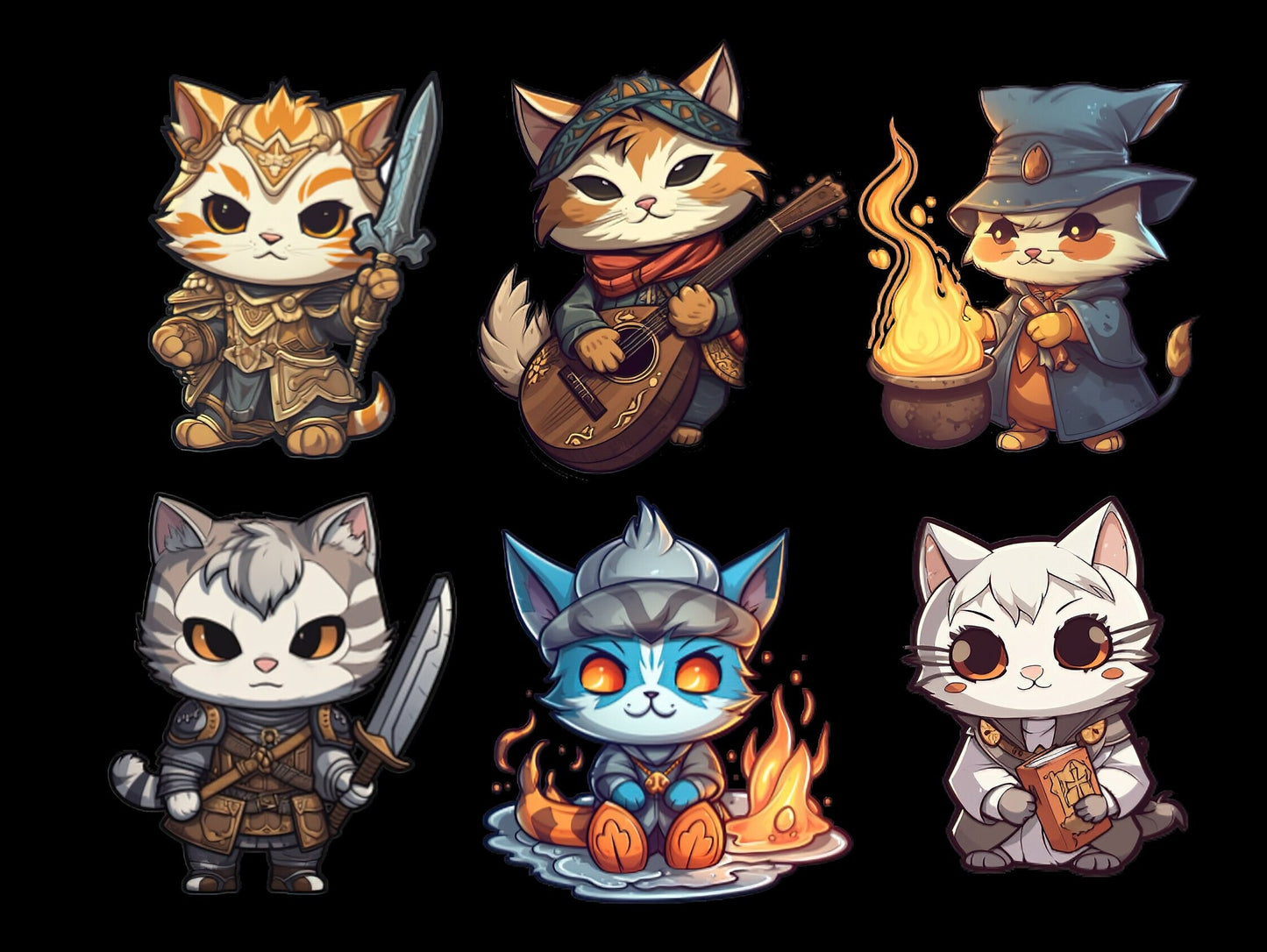 Cute Fantasy Chibi Cats Fantasy RPG, Nerdy, Geek, Clipart kittens, Kitty icons, Pet illustrations, Cat printable stickers, Planner supplies