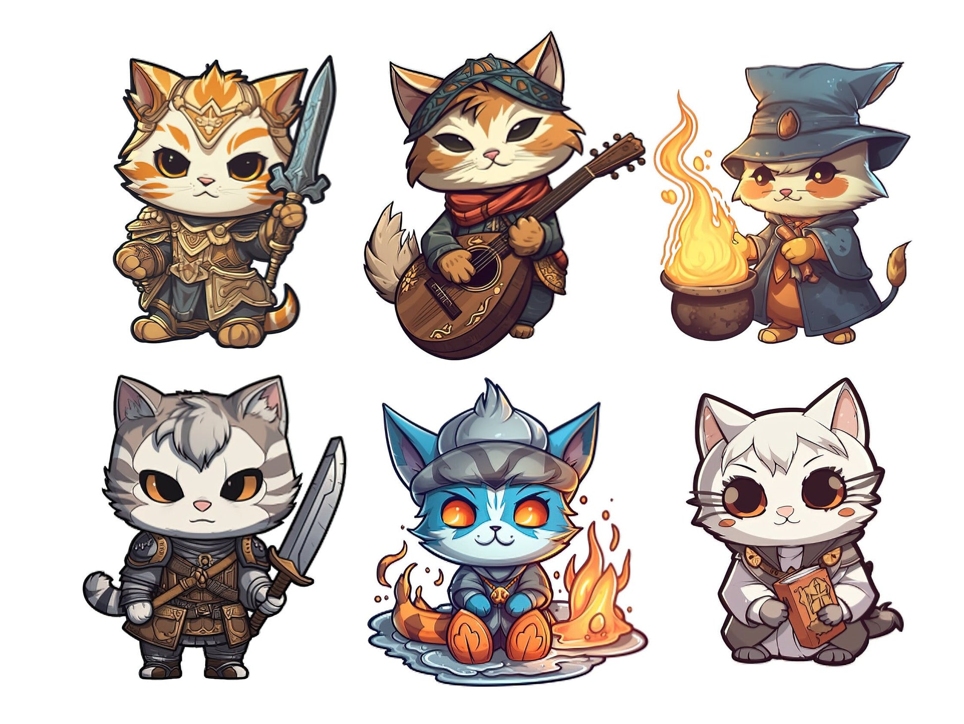 Cute Fantasy Chibi Cats Fantasy RPG, Nerdy, Geek, Clipart kittens, Kitty icons, Pet illustrations, Cat printable stickers, Planner supplies