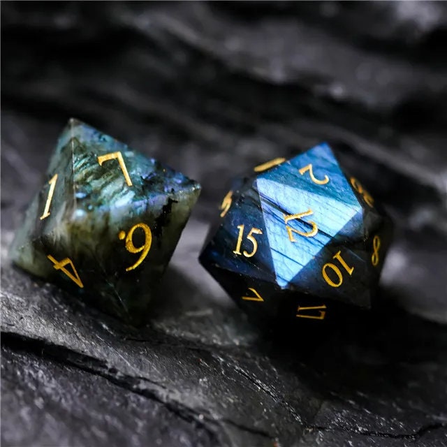 Pure Labradorite Gemstone Dice Full Set, DnD Dice Set for Dungeons and Dragons, MTG D20, Engraved, Wedding Favors, GM Gift, Christmas Gift