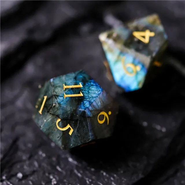 Pure Labradorite Gemstone Dice Full Set, DnD Dice Set for Dungeons and Dragons, MTG D20, Engraved, Wedding Favors, GM Gift, Christmas Gift