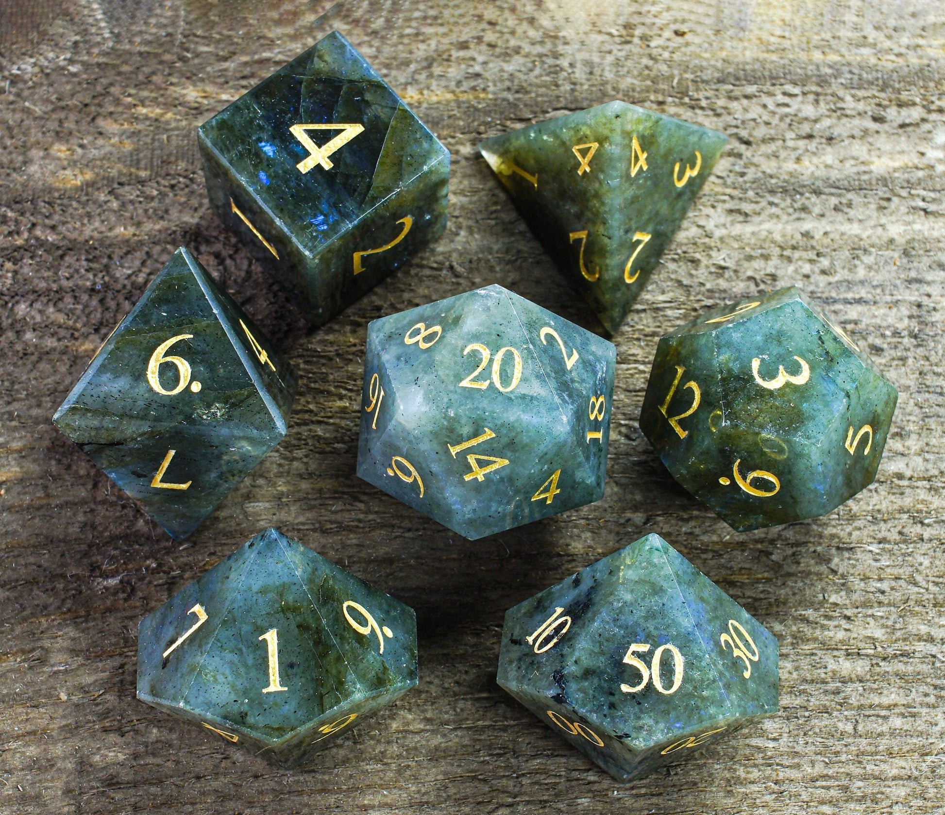 Pure Labradorite Gemstone Dice Full Set, DnD Dice Set for Dungeons and Dragons, MTG D20, Engraved, Wedding Favors, GM Gift, Christmas Gift