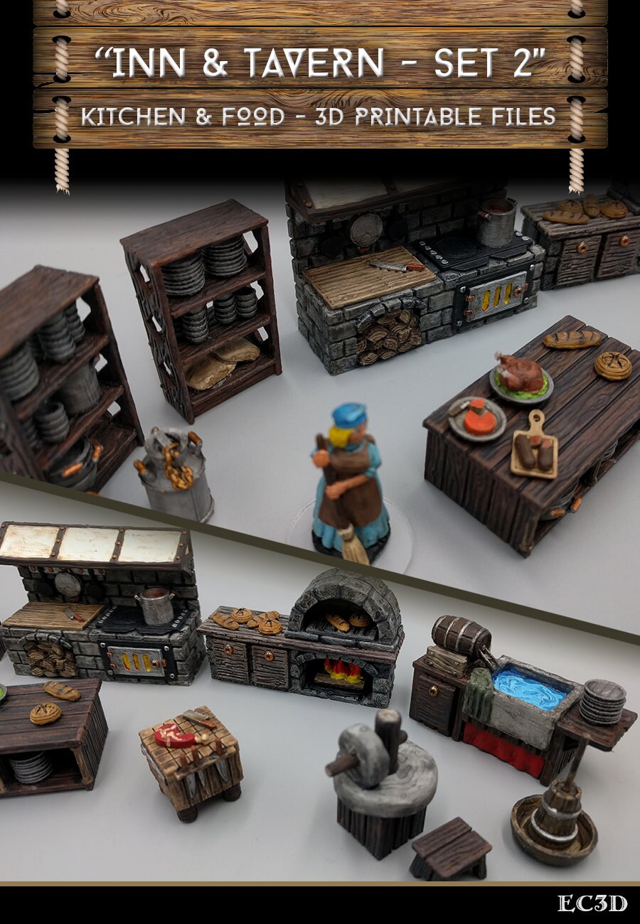 22pcs Inn and Tavern Kitchen Terrain Set D&D 28mm, 32mm, Dungeons and Dragons, DnD, Pathfinder, Tabletop RPG, Wargaming, Scatter Terrain