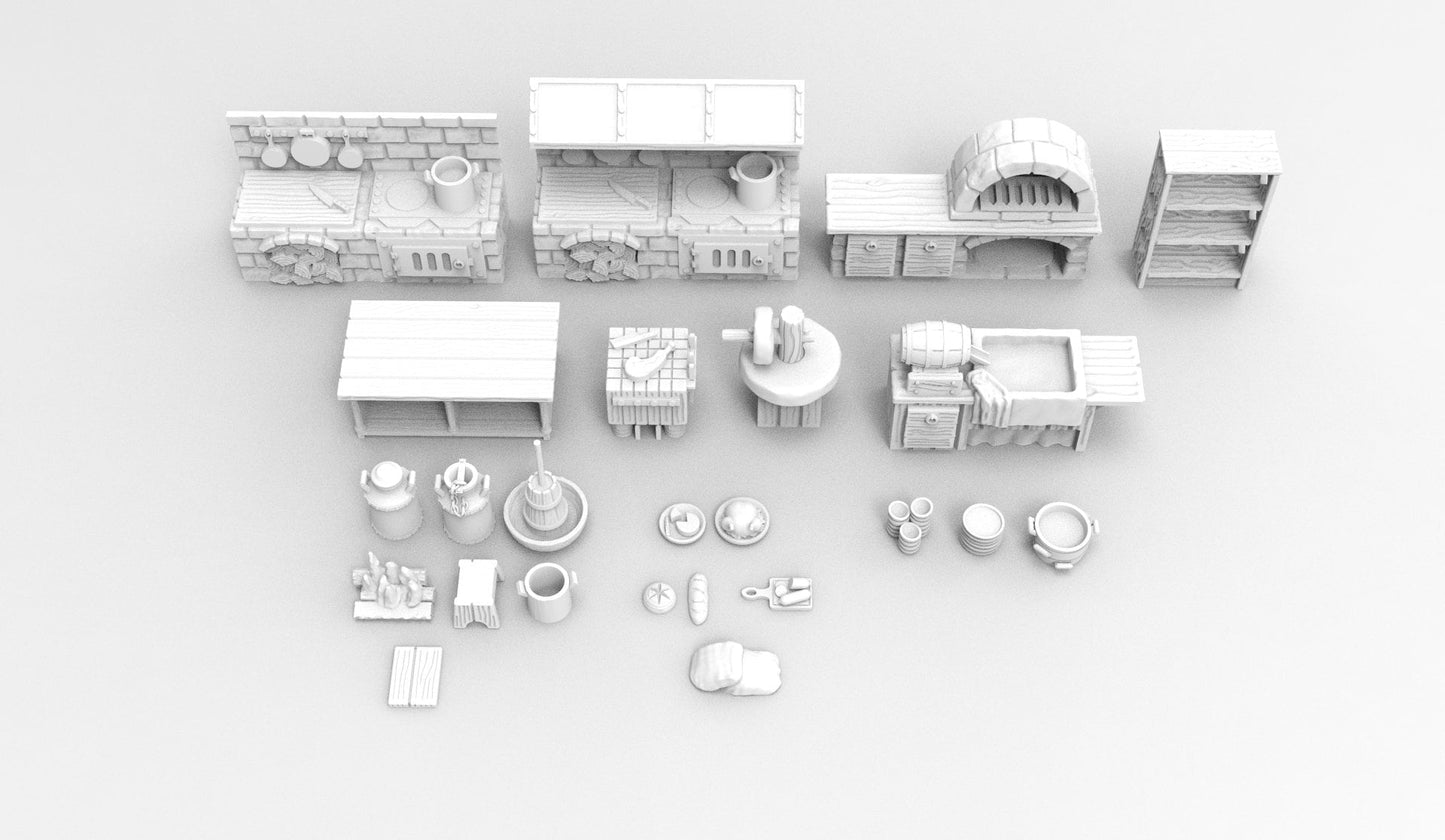 22pcs Inn and Tavern Kitchen Terrain Set D&D 28mm, 32mm, Dungeons and Dragons, DnD, Pathfinder, Tabletop RPG, Wargaming, Scatter Terrain