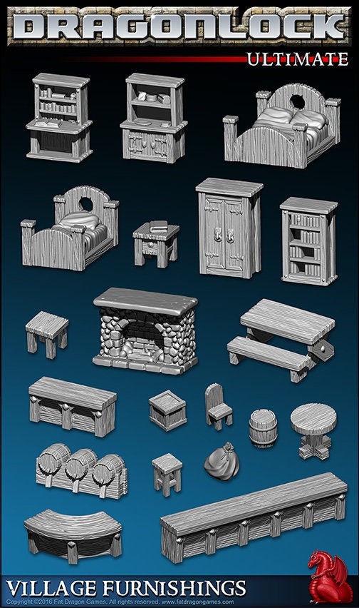 20pcs Inn and Tavern Village Furnishings Terrain Set D&D 28mm, 32mm, Dungeons and Dragons, DnD, Pathfinder, Tabletop RPG, Wargaming, Scatter