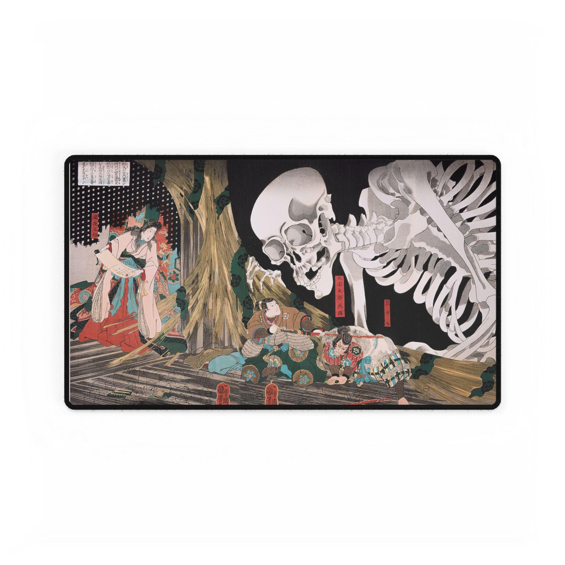 Japanese Art TCG playmat with stitched edges, Mitsukuni Defying The Skeleton Specter, 14x24 inches, trading card game, EDH Format