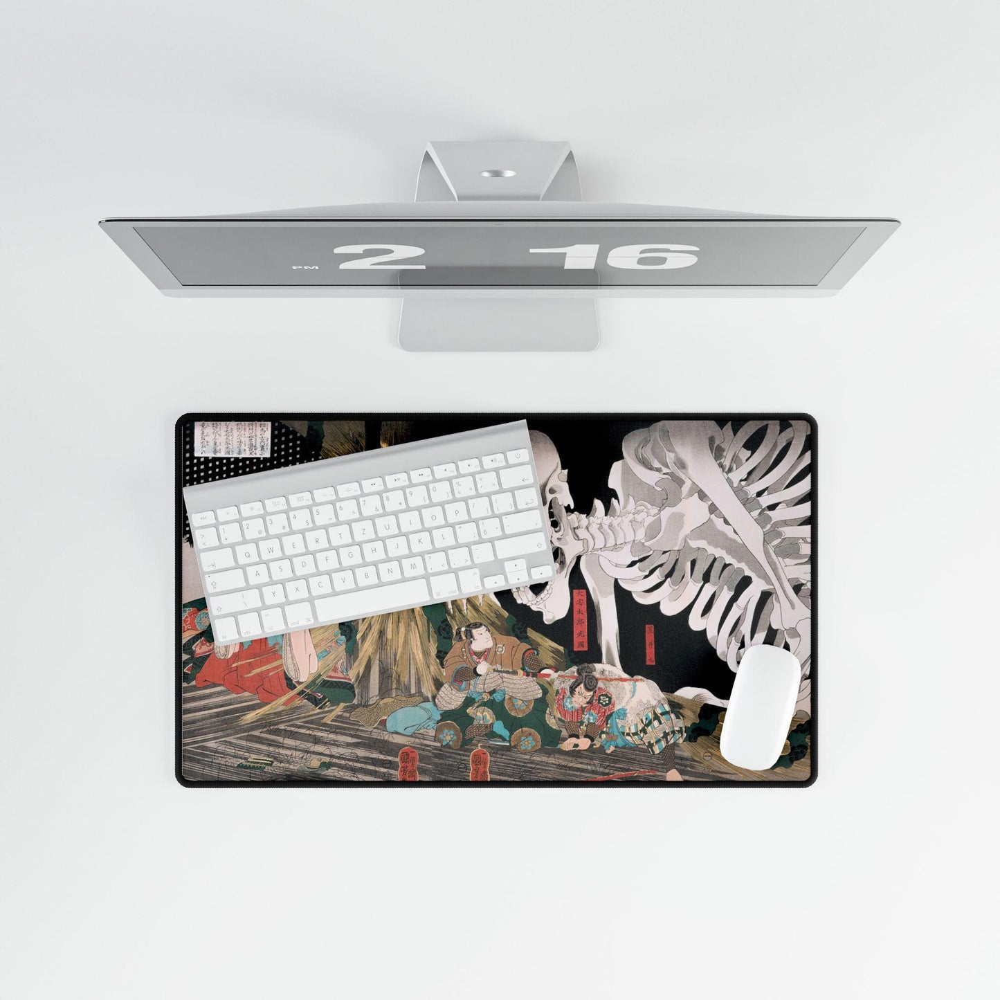 Japanese Art TCG playmat with stitched edges, Mitsukuni Defying The Skeleton Specter, 14x24 inches, trading card game, EDH Format