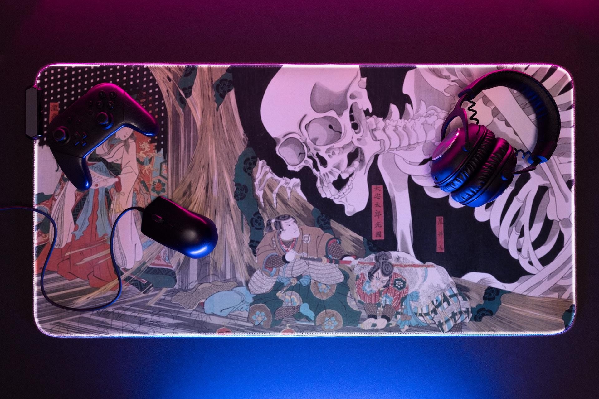 Japanese Art TCG playmat with stitched edges, Mitsukuni Defying The Skeleton Specter, 14x24 inches, trading card game, EDH Format