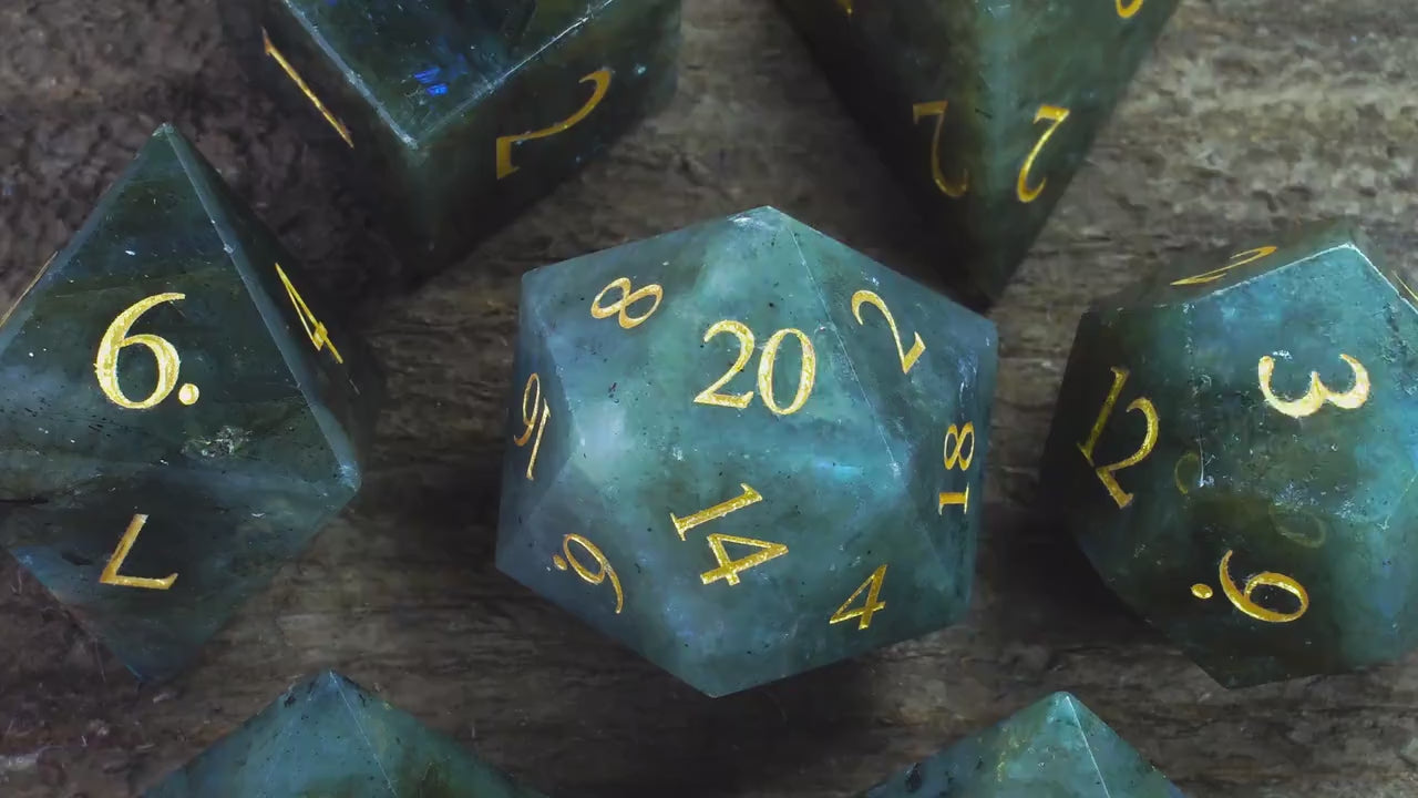 Pure Labradorite Gemstone Dice Full Set, DnD Dice Set for Dungeons and Dragons, MTG D20, Engraved, Wedding Favors, GM Gift, Christmas Gift