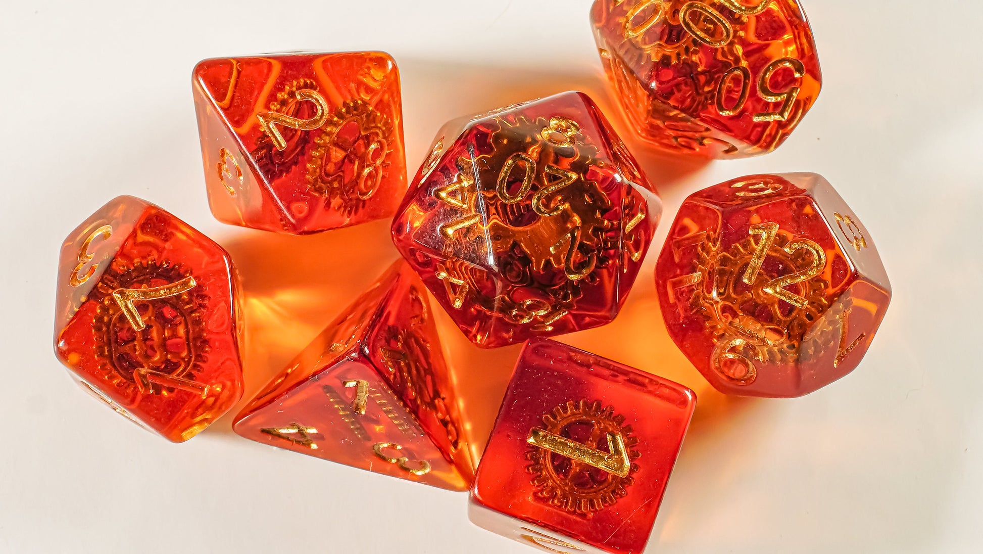 Fiery Cogwheel Steampunk Artificer DnD 7pcs Dice Set, Dungeons and Dragons, d20 Polyhedral dice set, Tabletop role playing games, Resin