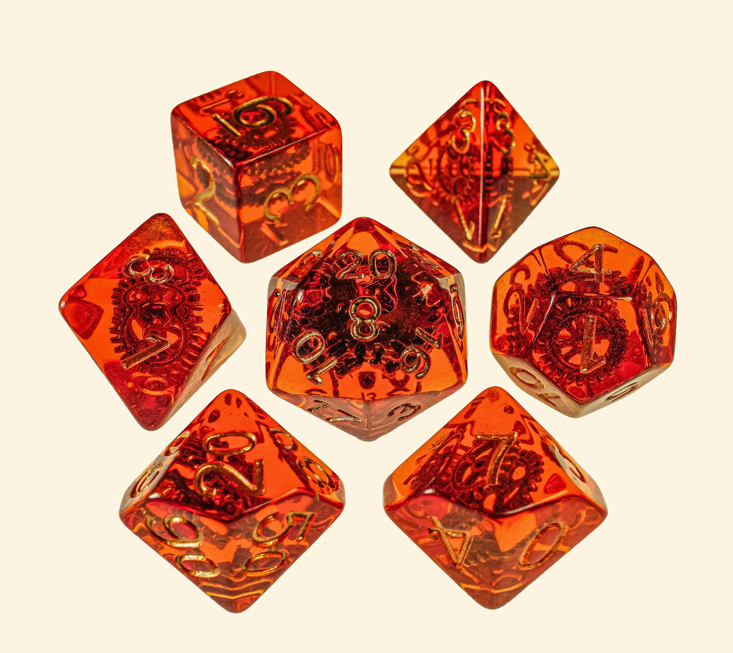 Fiery Cogwheel Steampunk Artificer DnD 7pcs Dice Set, Dungeons and Dragons, d20 Polyhedral dice set, Tabletop role playing games, Resin