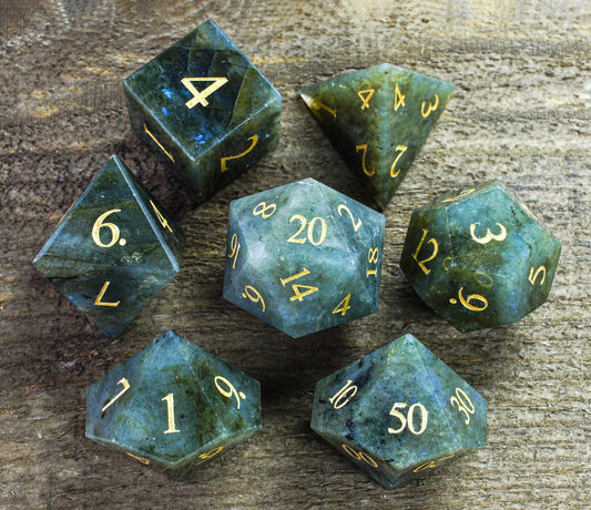 Pure Labradorite Gemstone Dice Full Set, DnD Dice Set for Dungeons and Dragons, MTG D20, Engraved, Wedding Favors, GM Gift, Christmas Gift