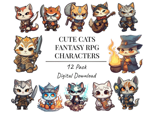 Cute Fantasy Chibi Cats Fantasy RPG, Nerdy, Geek, Clipart kittens, Kitty icons, Pet illustrations, Cat printable stickers, Planner supplies