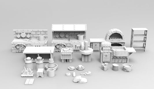 22pcs Inn and Tavern Kitchen Terrain Set D&D 28mm, 32mm, Dungeons and Dragons, DnD, Pathfinder, Tabletop RPG, Wargaming, Scatter Terrain