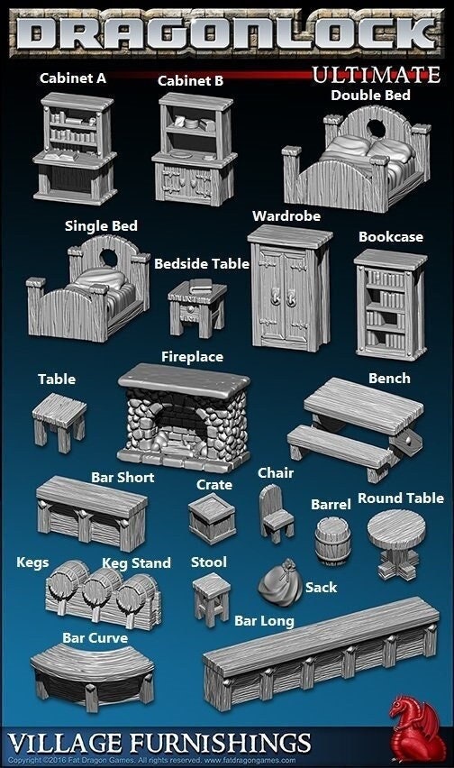 20pcs Inn and Tavern Village Furnishings Terrain Set D&D 28mm, 32mm, Dungeons and Dragons, DnD, Pathfinder, Tabletop RPG, Wargaming, Scatter